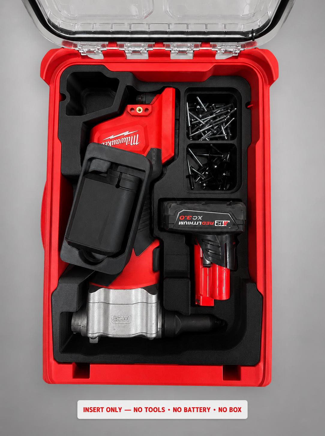 Milwaukee Packout Insert for M12 Cordless Rivet Tool | 3D Printed Organizer | CAT.2550-20 BLACK