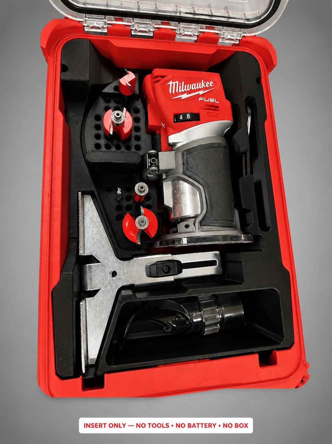 Milwaukee Packout Insert for M18 Fuel Compact Router | 3D Printed Organizer | CAT.2723-20 BLACK
