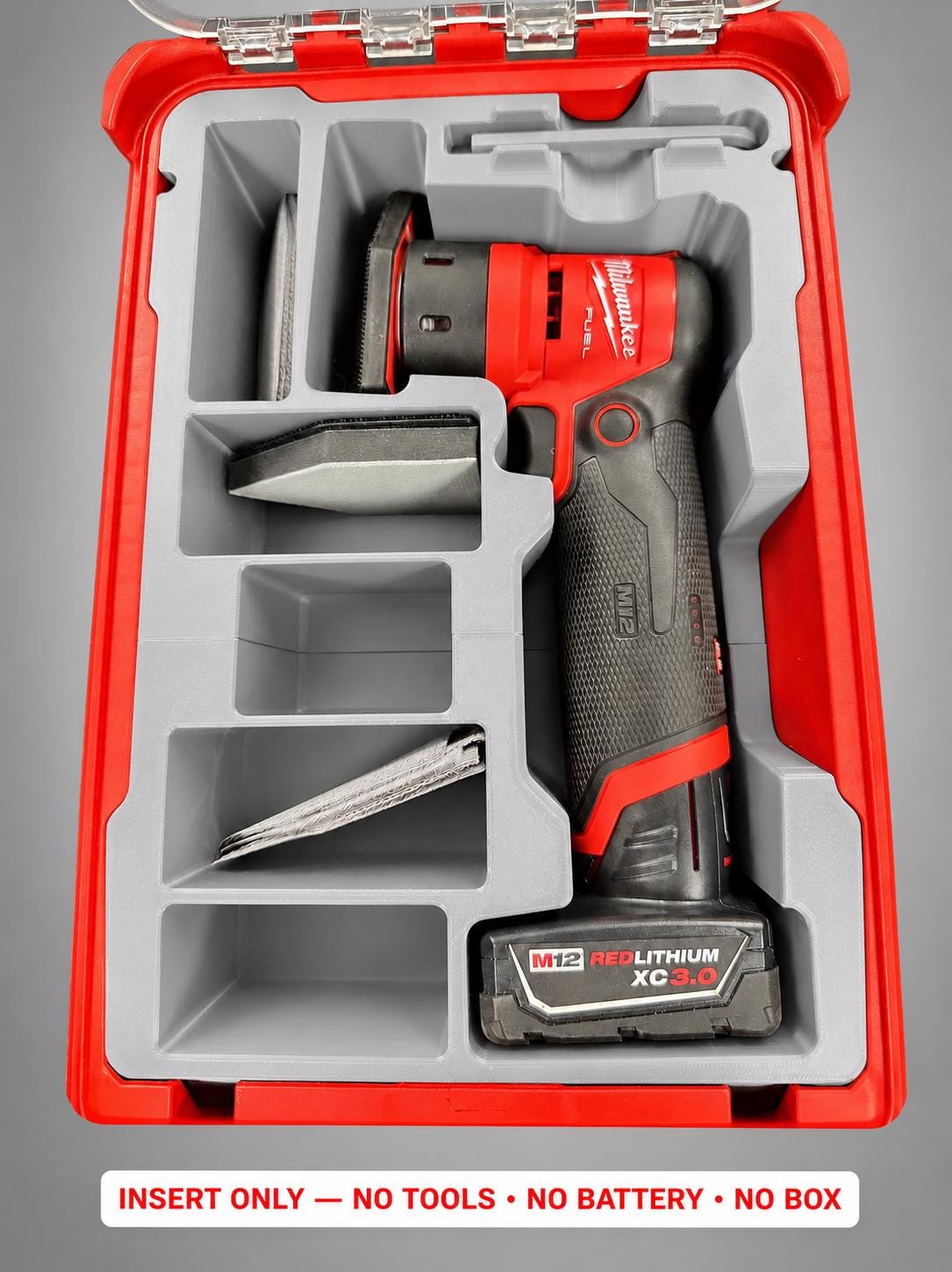 Milwaukee M12 Orbital Sander Insert | 3D Printed Packout Organizer (Gray)