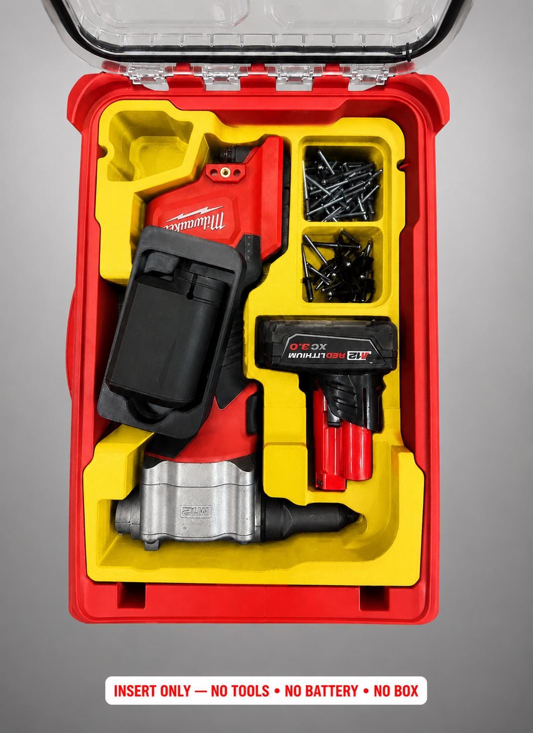 Milwaukee Packout Insert for M12 Cordless Rivet Tool | 3D Printed Organizer | CAT.2550-20 YELLOW
