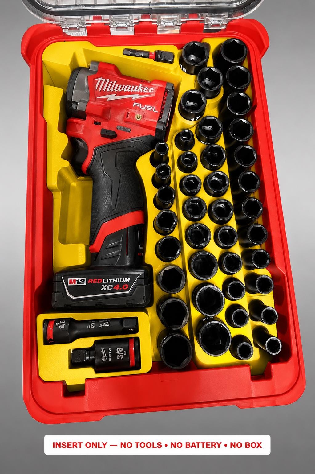Milwaukee M12 Stubby Impact Wrench Socket Set Insert | 3D Printed Organizer (Yellow)