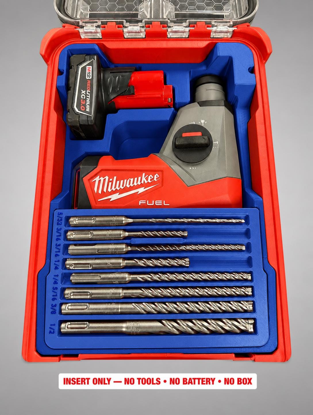 Milwaukee M12 Rotary Hammer Insert | 3D Printed Packout Organizer (Blue)