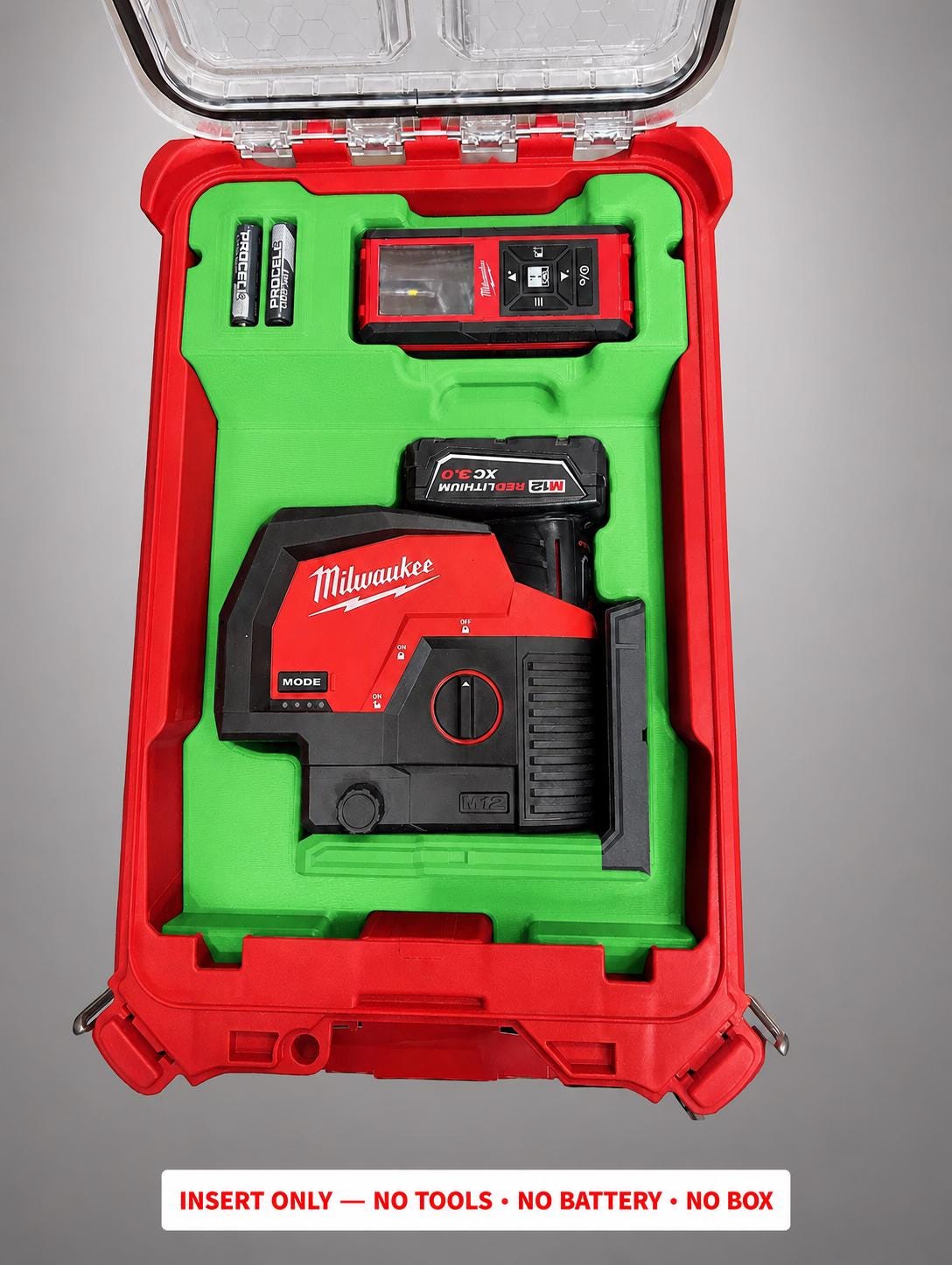 Milwaukee Packout Insert | Laser Meter, Line, Battery Storage | 3D Printed Organizer (Green)