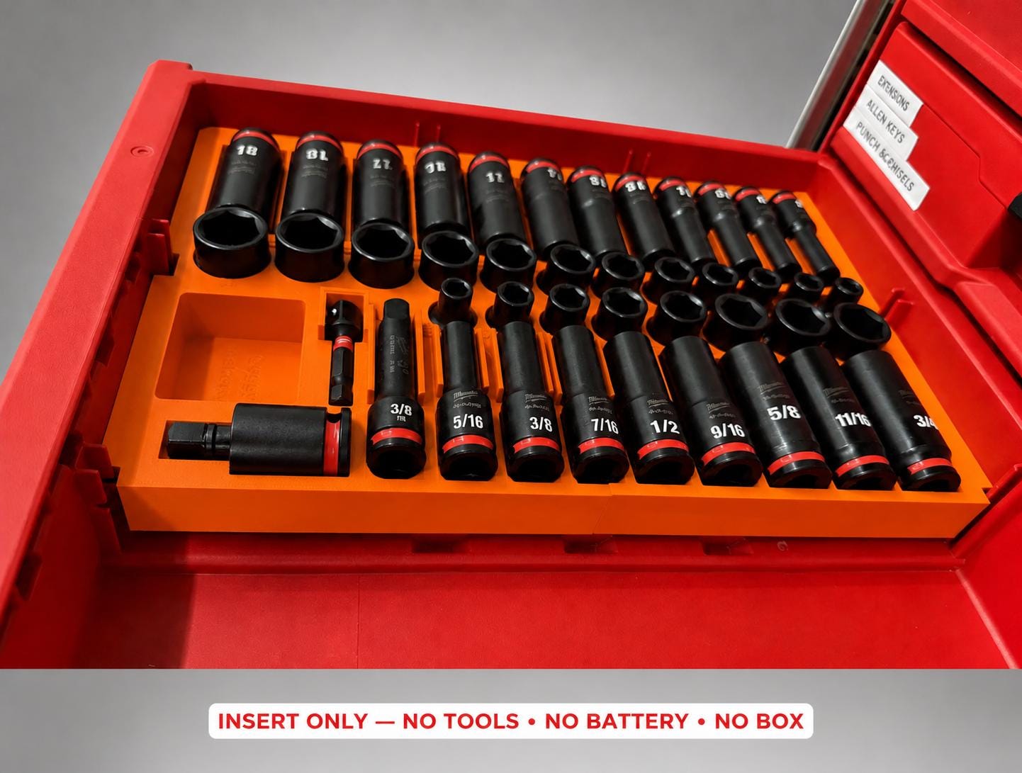 Milwaukee Packout 4 Drawer Insert – 43pc 3/8" Socket Organizer ORANGE