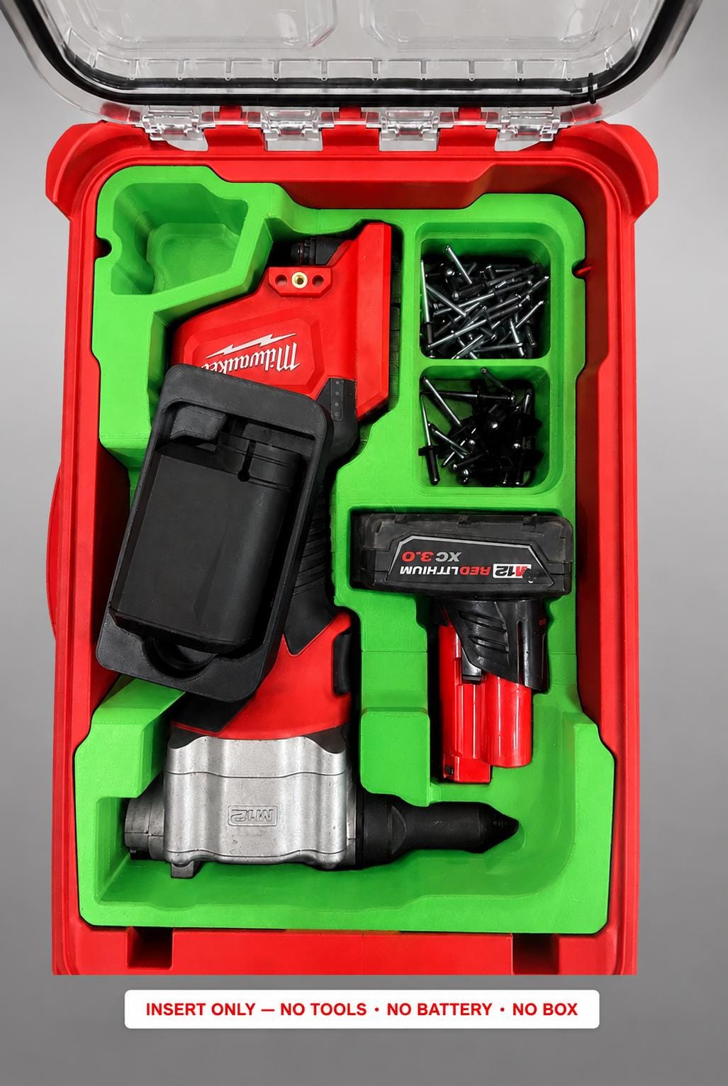 Milwaukee Packout Insert for M12 Cordless Rivet Tool | 3D Printed Organizer | CAT.2550-20 GREEN