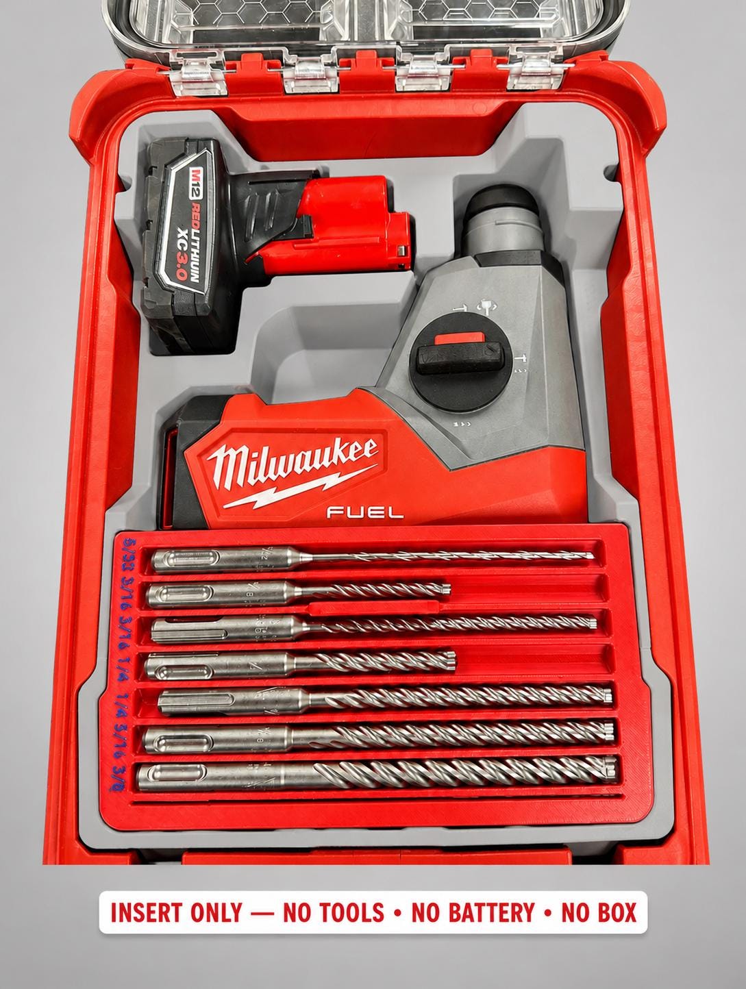 Milwaukee M12 Rotary Hammer Insert | 3D Printed Packout Organizer (Gray)