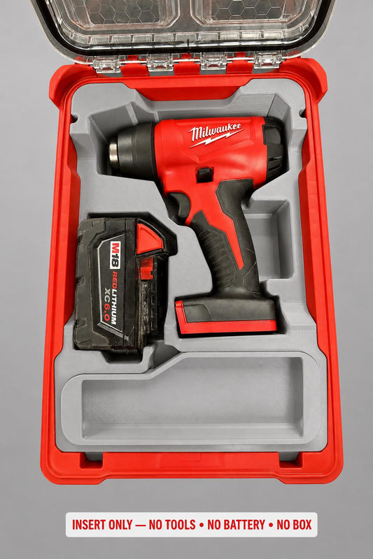 Gray 3D printed insert for the M18 Compact Heat Gun, compatible with Milwaukee Packout