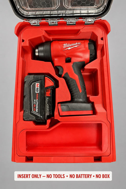 Red 3D printed insert for the M18 Compact Heat Gun, compatible with Milwaukee Packout