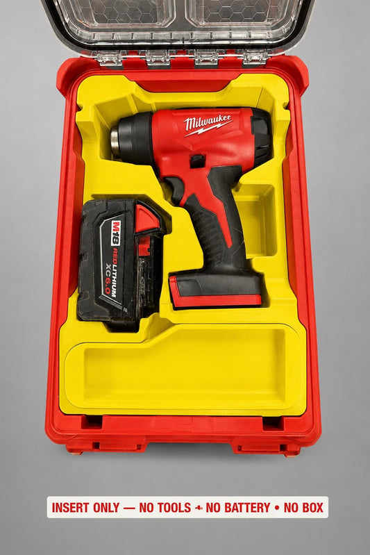 Yellow 3D printed insert for the M18 Compact Heat Gun, compatible with Milwaukee Packout