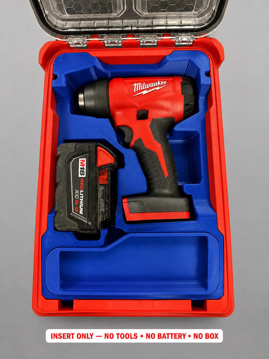 Blue 3D printed insert for the M18 Compact Heat Gun, compatible with Milwaukee Packout