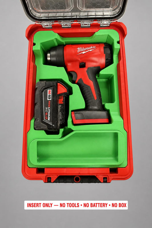 Green 3D printed insert for the M18 Compact Heat Gun, compatible with Milwaukee Packout