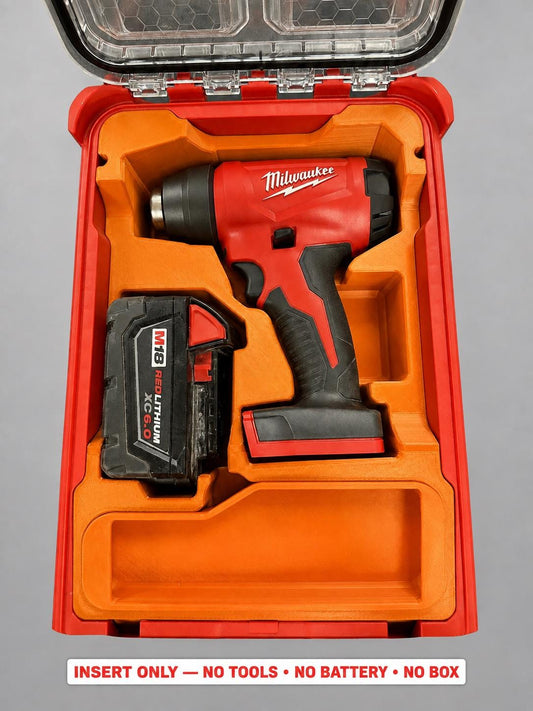 Orange 3D printed insert for the M18 Compact Heat Gun, compatible with Milwaukee Packout