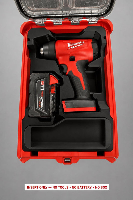 Black 3D printed insert for the M18 Compact Heat Gun, compatible with Milwaukee Packout